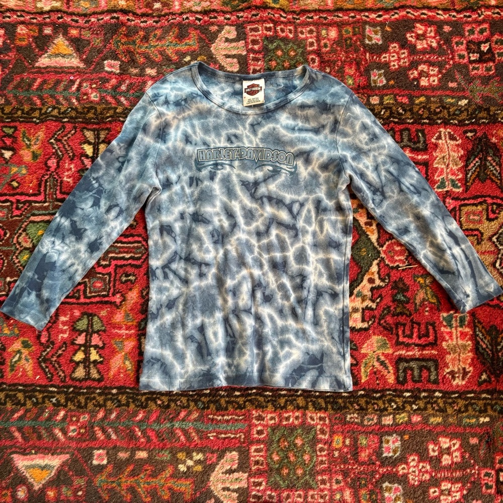 Vintage y2k Harley-Davidson Blue Tie-Dye Women's Top